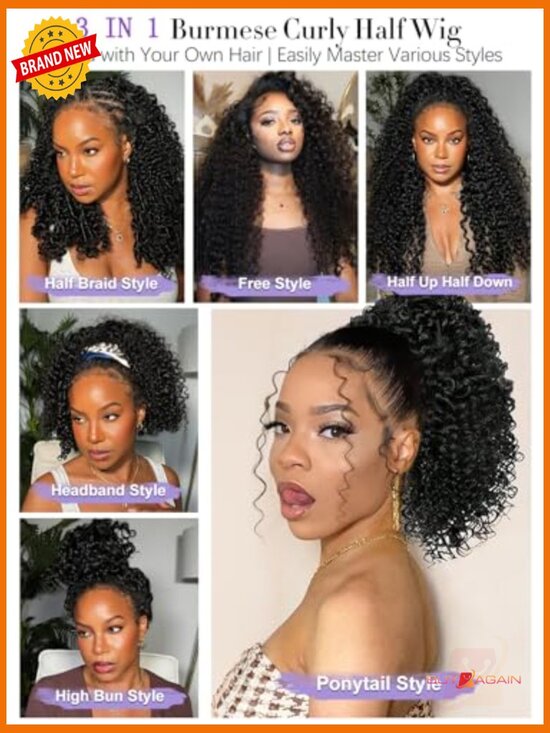 180% Density Human Hair Half Wig 28in Curly Drawstring Glueless 3-in-1 Headband